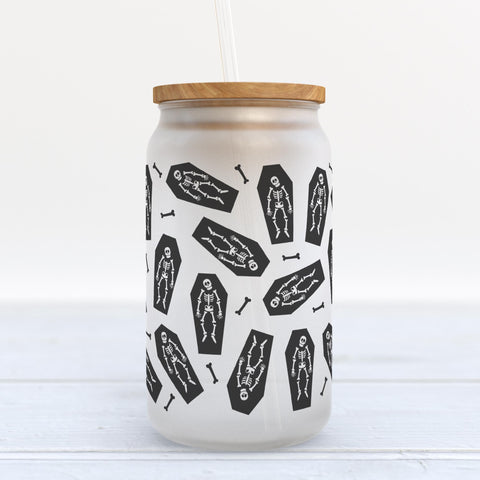 Black Skeletons Halloween Frosted Glass Can Tumbler