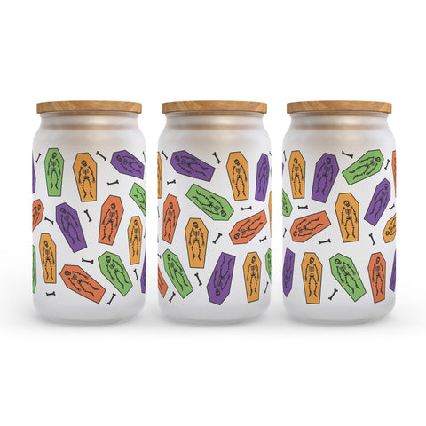 Orange Skeletons Halloween Frosted Glass Can Tumbler