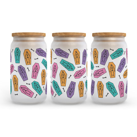 Pink Skeletons Halloween Frosted Glass Can Tumbler