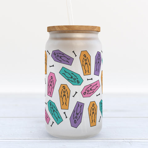 Pink Skeletons Halloween Frosted Glass Can Tumbler