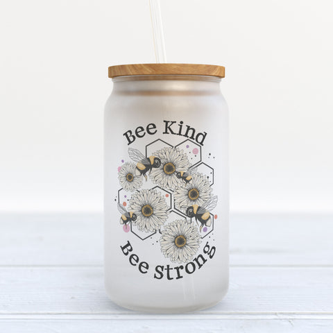 Bee Kind Bee Strong Frosted Glass Can Tumbler
