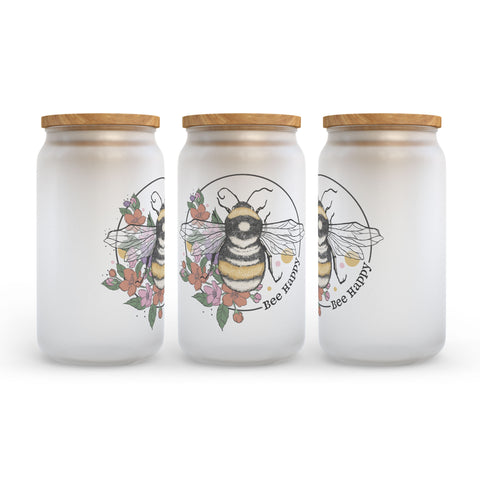 Bee Happy Frosted Glass Can Tumbler