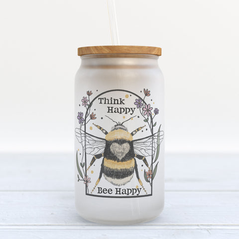 Think Happy Bee Happy Frosted Glass Can Tumbler