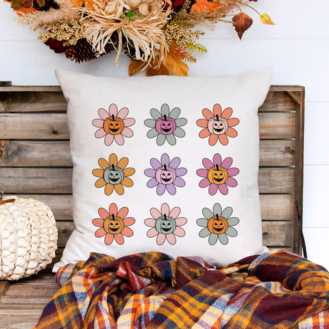 Pumpkin Daisy Retro Halloween Pillow Cover