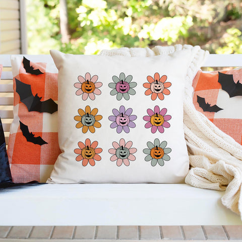 Pumpkin Daisy Retro Halloween Pillow Cover