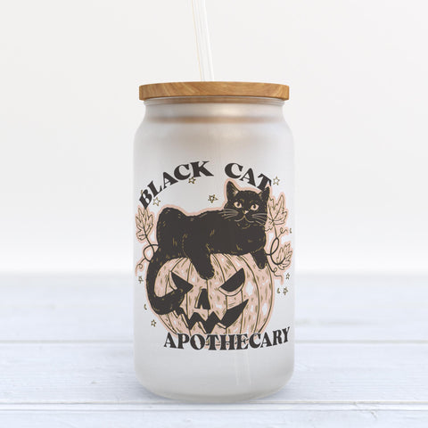 Black Cat Apothecary Halloween Frosted Glass Can Tumbler