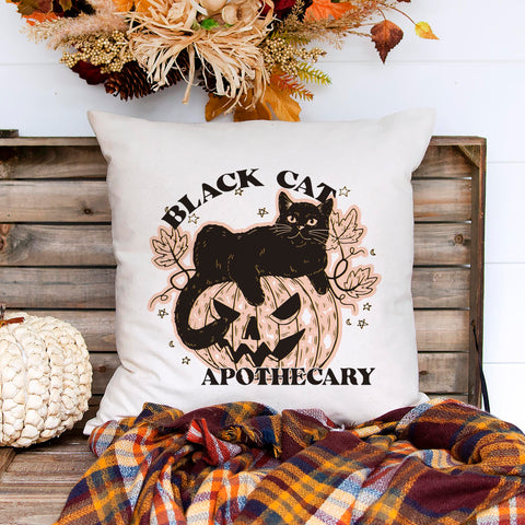 Black Cat Apothecary Halloween Pillow Cover