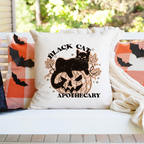 Black Cat Apothecary Halloween Pillow Cover