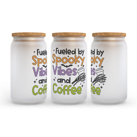 Fueled By Spooky Vibes And Coffee Halloween Frosted Glass Can Tumbler