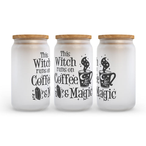 This Witch Runs On Coffee And Magic Halloween Frosted Glass Can Tumbler