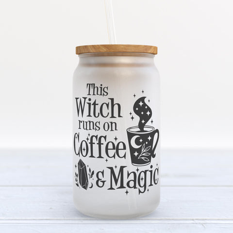 This Witch Runs On Coffee And Magic Halloween Frosted Glass Can Tumbler