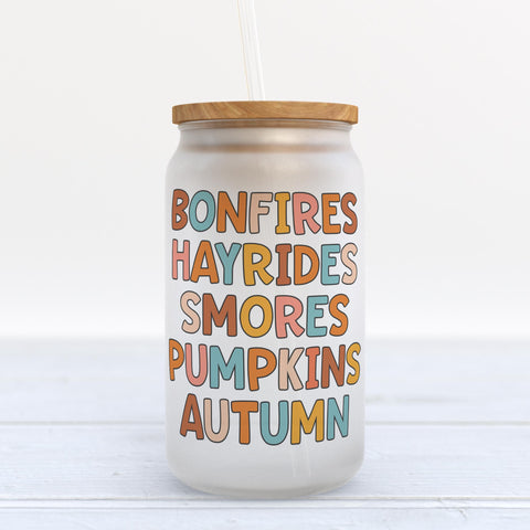 Bonfires Hayrides Smores Pumpkins Autumn Frosted Glass Can Tumbler