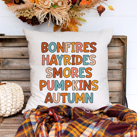 Bonfires Hayrides Smores Pumpkins Autumn Fall Pillow Cover