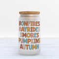 Bonfires Hayrides Smores Pumpkin Autumn Fall Frosted Glass Can Tumbler