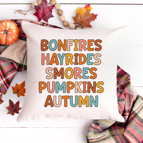 Bonfires Hayrides Smores Pumpkins Autumn Pillow Cover