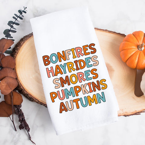 Bonfires Hayrides Smores Pumpkins Autumn Kitchen Towel