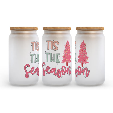 Tis The Season Pink Christmas Tree Frosted Glass Can Tumbler