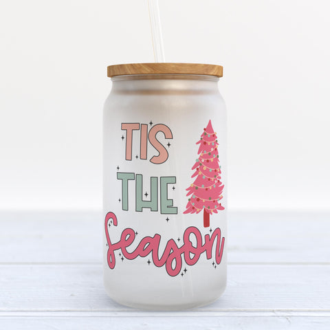 Tis The Season Pink Christmas Tree Frosted Glass Can Tumbler
