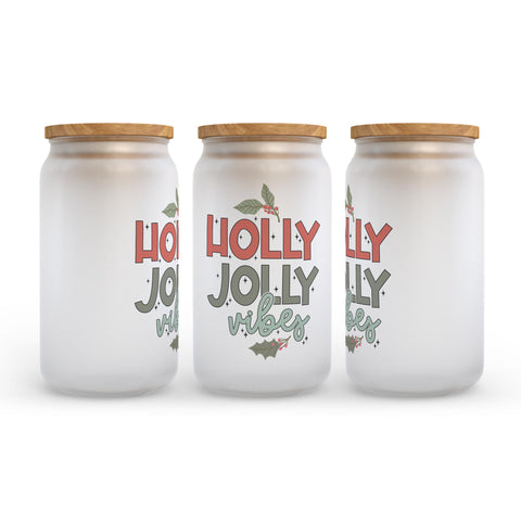 Holly Jolly Vibes Christmas Frosted Glass Can Tumbler