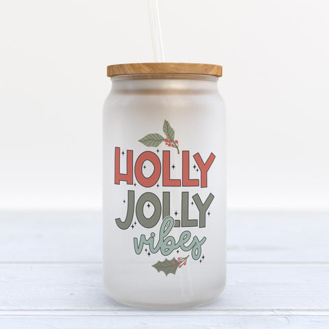 Holly Jolly Vibes Christmas Frosted Glass Can Tumbler