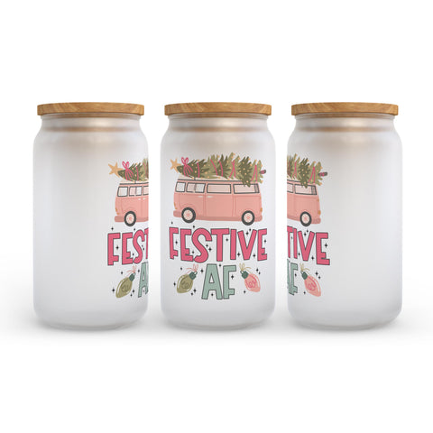 Festive AF Retro Van Christmas Frosted Glass Can Tumbler