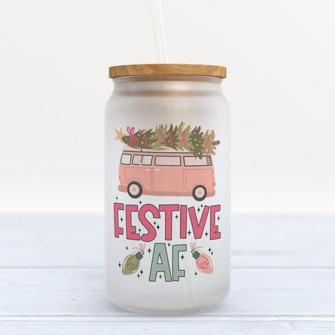 Festive AF Retro Van Christmas Frosted Glass Can Tumbler