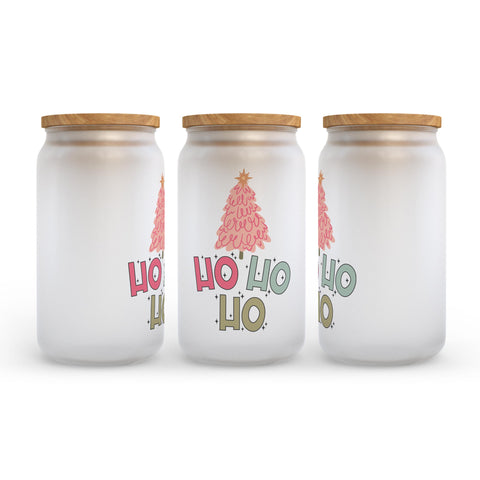 Ho Ho Ho Pink Christmas Tree Frosted Glass Can Tumbler
