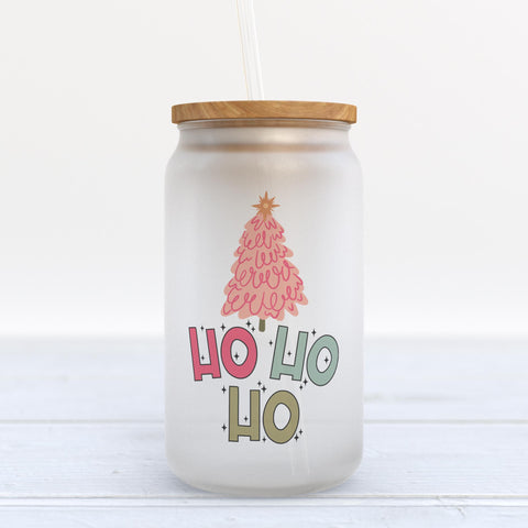 Ho Ho Ho Pink Christmas Tree Frosted Glass Can Tumbler