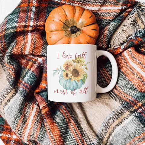 I Love Fall Most of All Blue Pumpkin Fall Ceramic Mug