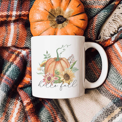 Hello Fall Floral Pumpkin Fall Ceramic Mug