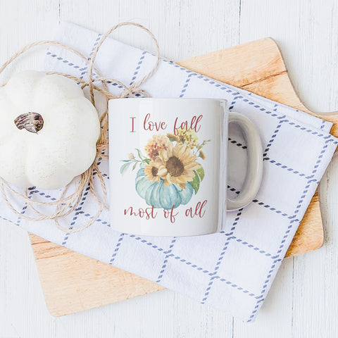 I Love Fall Most of All Blue Pumpkin Fall Ceramic Mug