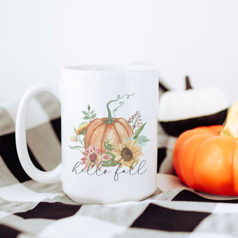 Hello Fall Floral Pumpkin Fall Ceramic Mug
