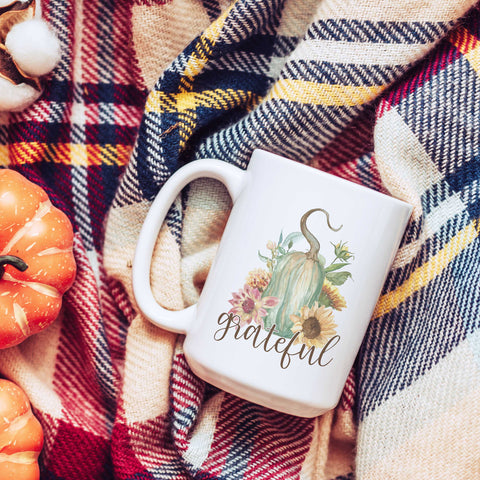 Grateful Floral Gourd Fall Ceramic Mug