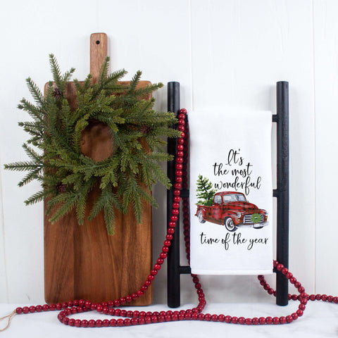 Most Wonderful Time of the Year Red Truck Christmas Kitchen Towel