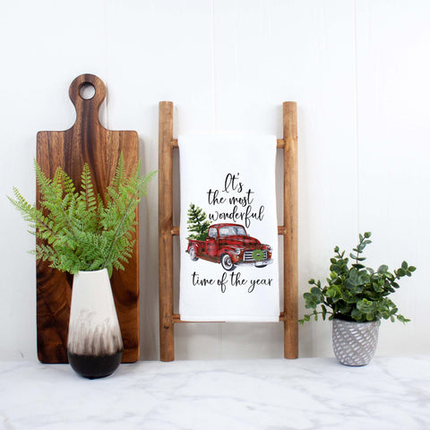 Most Wonderful Time of the Year Red Truck Christmas Kitchen Towel
