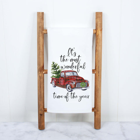 Most Wonderful Time of the Year Red Truck Christmas Kitchen Towel