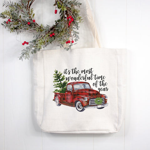 Most Wonderful Time of Year Red Truck Christmas Canvas Tote Bag