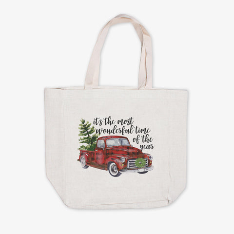 Most Wonderful Time of Year Red Truck Christmas Canvas Tote Bag