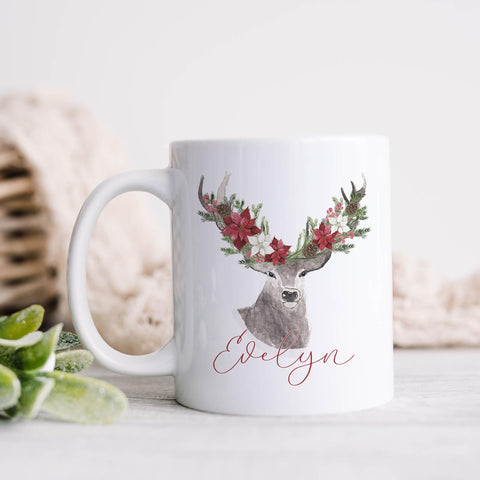 Rustic Poinsettia Deer Christmas Mug