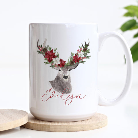 Rustic Poinsettia Deer Christmas Mug
