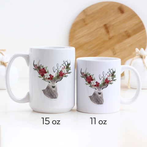Believe Rustic Poinsettia Deer Christmas Mug