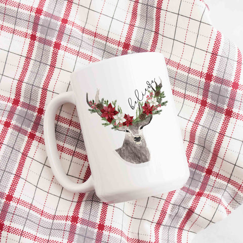 Believe Rustic Poinsettia Deer Christmas Mug