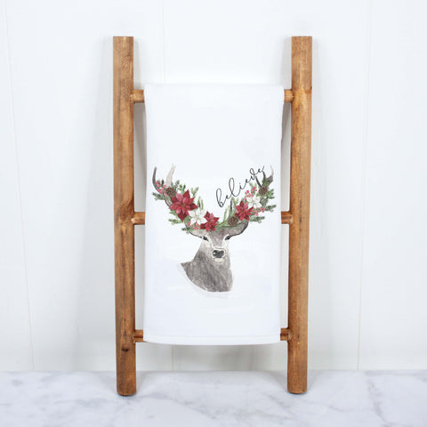 Believe Rustic Christmas Deer Holiday kitchen towel, rustic holiday home decor, rustic kitchen towel