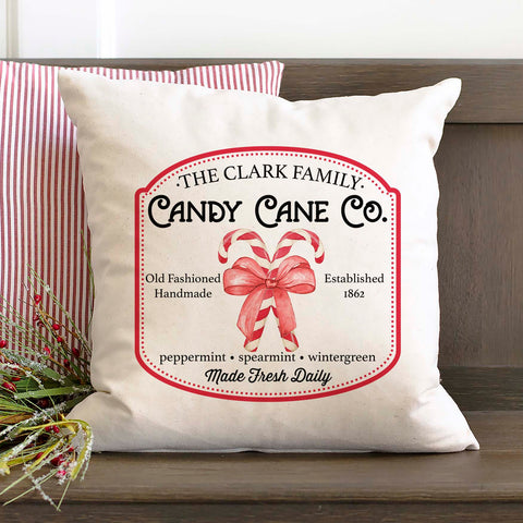 North Pole Candy Cane Company Christmas Holiday White Canvas Pillow Cover, Farmhouse Christmas Decor