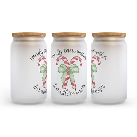 Candy Cane Wishes and Mistletoe Kisses Christmas Frosted Glass Can Tumbler
