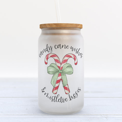 Candy Cane Wishes and Mistletoe Kisses Christmas Frosted Glass Can Tumbler