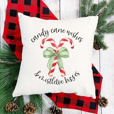 candy cane wishes and mistletoe kisses Christmas Holiday White Canvas Pillow Cover, Farmhouse Christmas Decor