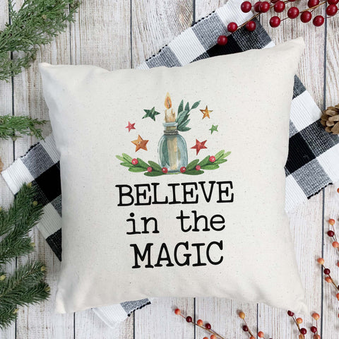 believe in the magic candle lantern Christmas Holiday White Canvas Pillow Cover, Farmhouse Christmas Decor