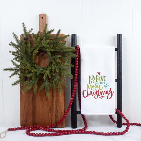 Believe in the magic of Christmas Handlettered Decorative Christmas Holiday Kitchen Hand Towel