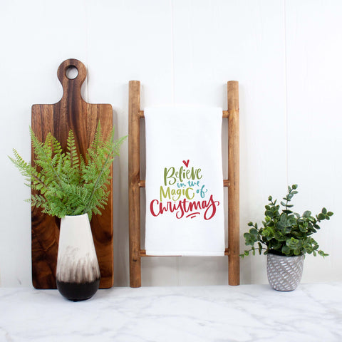 Believe in the magic of Christmas Handlettered Decorative Christmas Holiday Kitchen Hand Towel